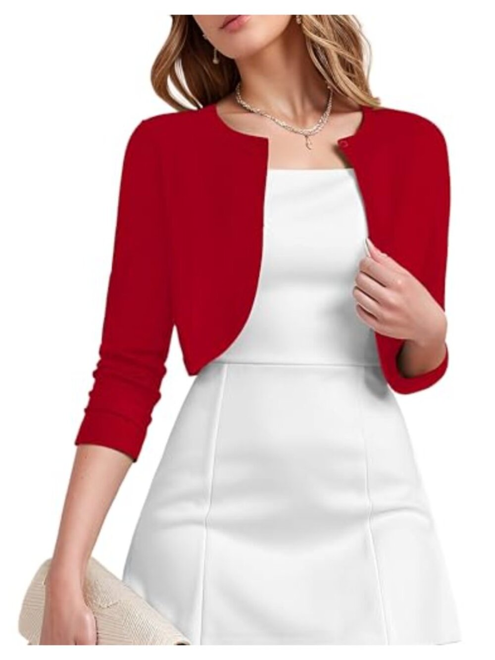 Women's Cropped Cardigan 3/4 Sleeve Open Front Knit Shrug Sweater Cover Up